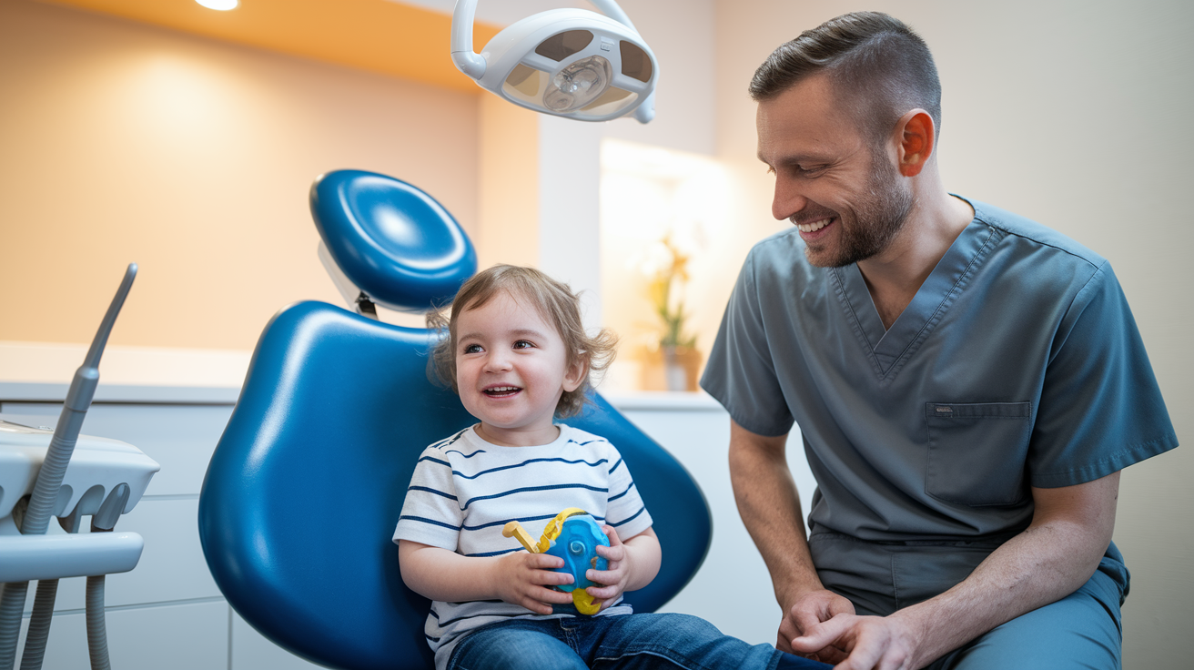 Toddler smiling during their first dental visit, sitting in a dental chair with a friendly pediatric dentist nearby.